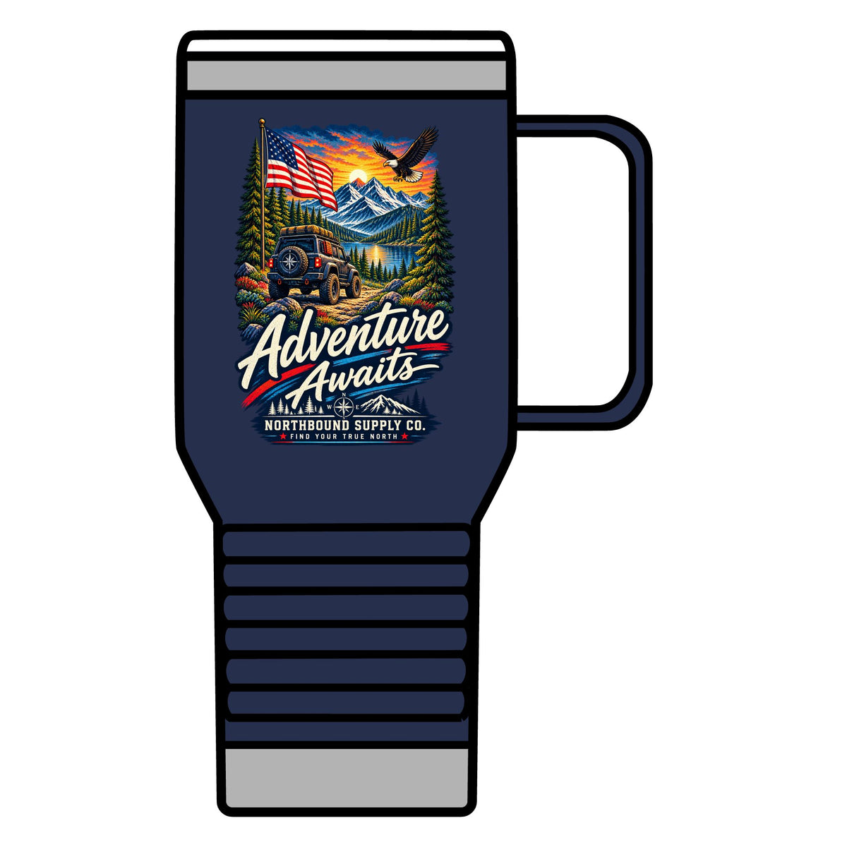 Adventure Awaits 20oz Travel Mug — Outdoor Camping Coffee Tumbler with Mountain & Compass Design