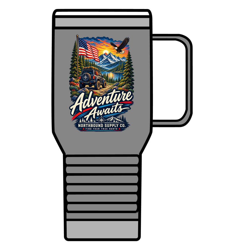 Adventure Awaits 20oz Travel Mug — Outdoor Camping Coffee Tumbler with Mountain & Compass Design