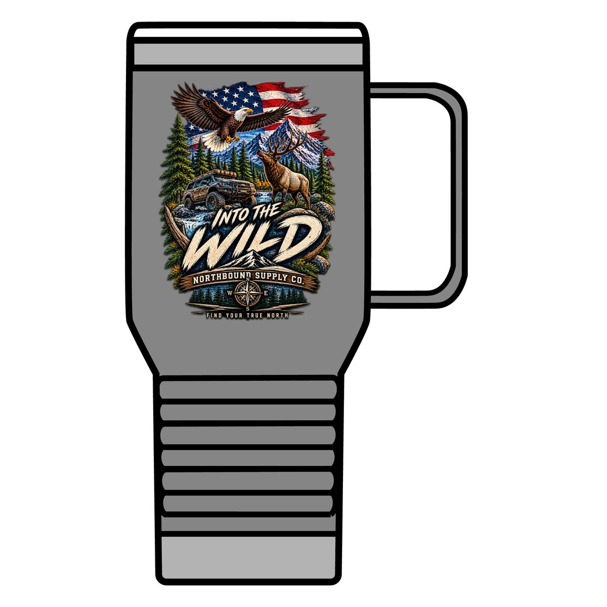 Into the Wild 20oz Travel Mug — Adventure & Outdoors Campfire Design