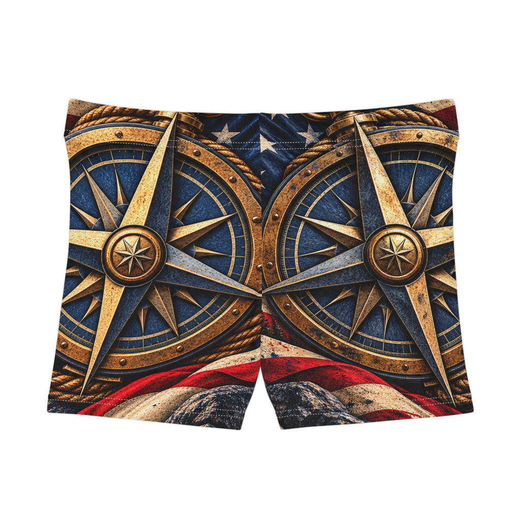 Patriotic Compass Mountain Women's Shorts —Northbound Supply American Flag Sunset AOP