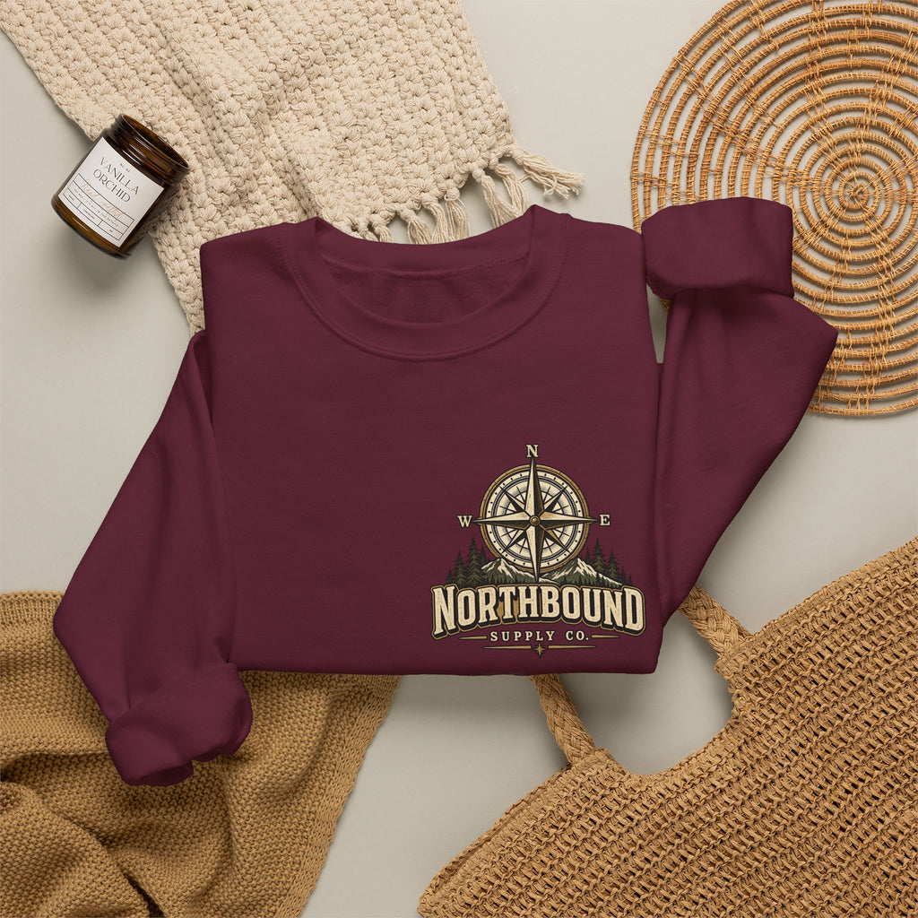 NS-004 Adventure Awaits Crewneck Sweatshirt — Northbound Supply Co. Compass Mountain Design