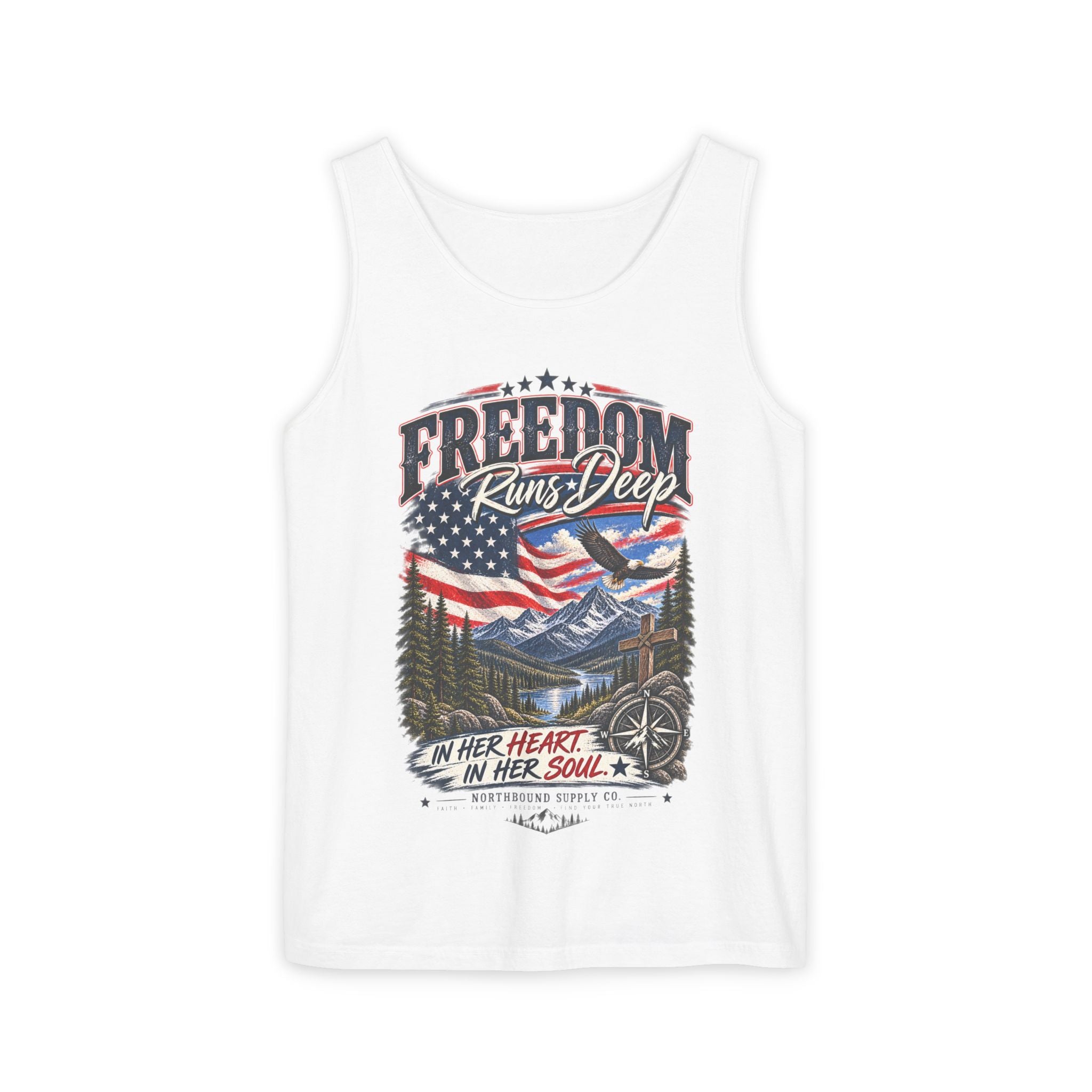 WG-007 Freedom Runs Deep Tank Top — North Supply Co. Patriotic Eagle & Mountain Graphic
