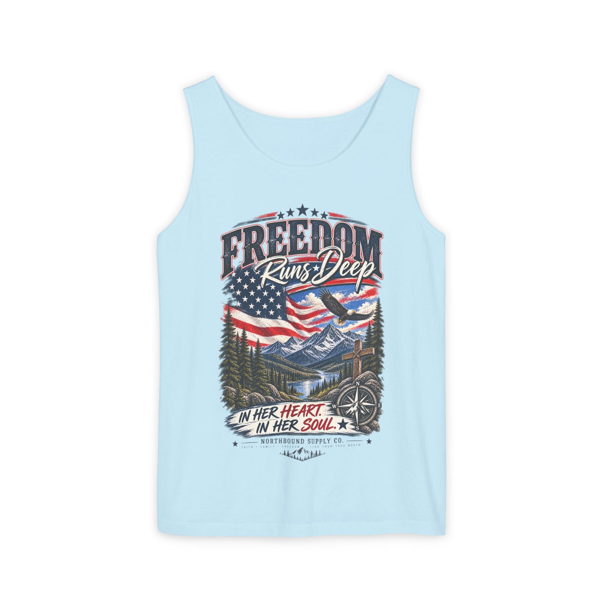 WG-007 Freedom Runs Deep Tank Top — North Supply Co. Patriotic Eagle & Mountain Graphic