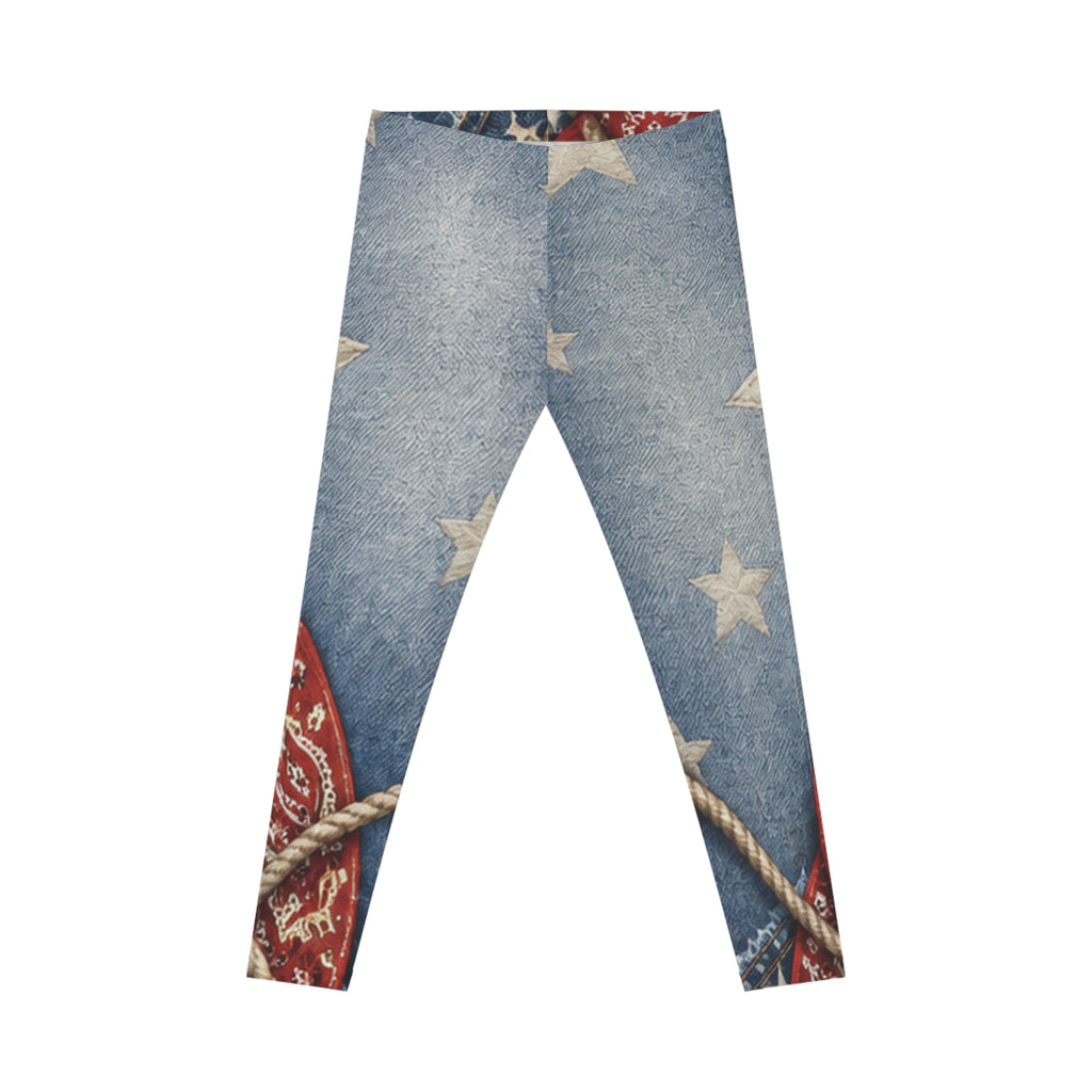 Patriotic Denim Stars Leggings — American Flag Bandana Print