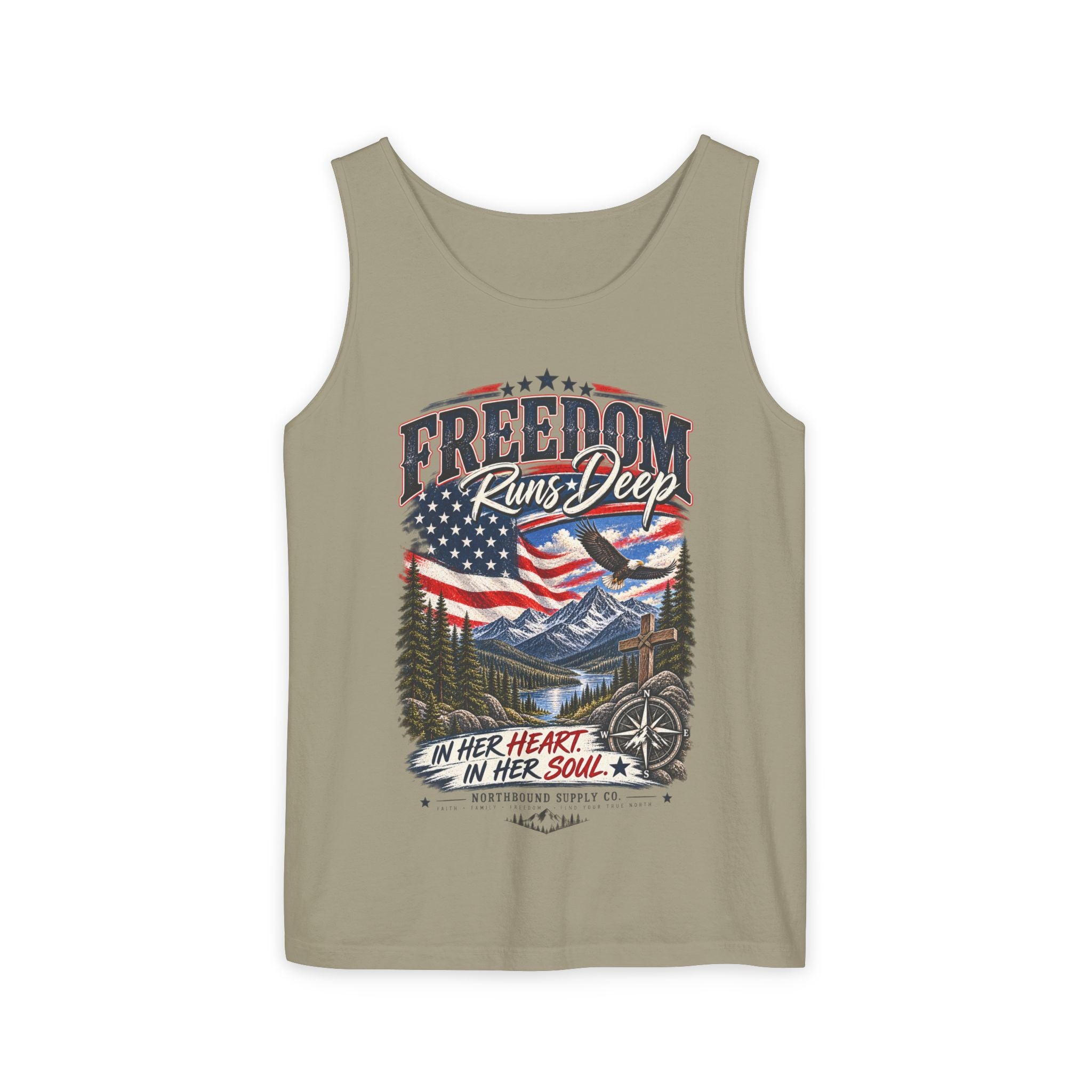 WG-007 Freedom Runs Deep Tank Top — North Supply Co. Patriotic Eagle & Mountain Graphic