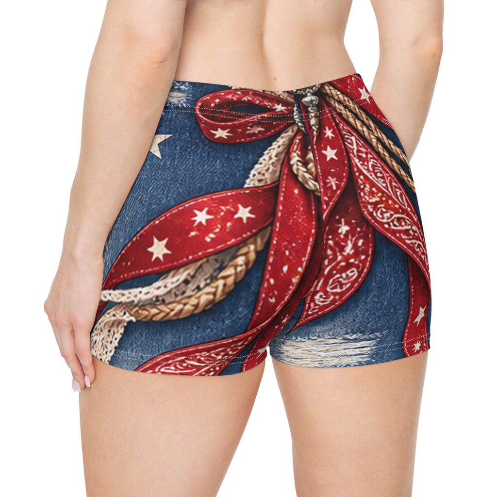 Western Bandana Denim Print Women's Shorts – Scenic Flag Lake Print