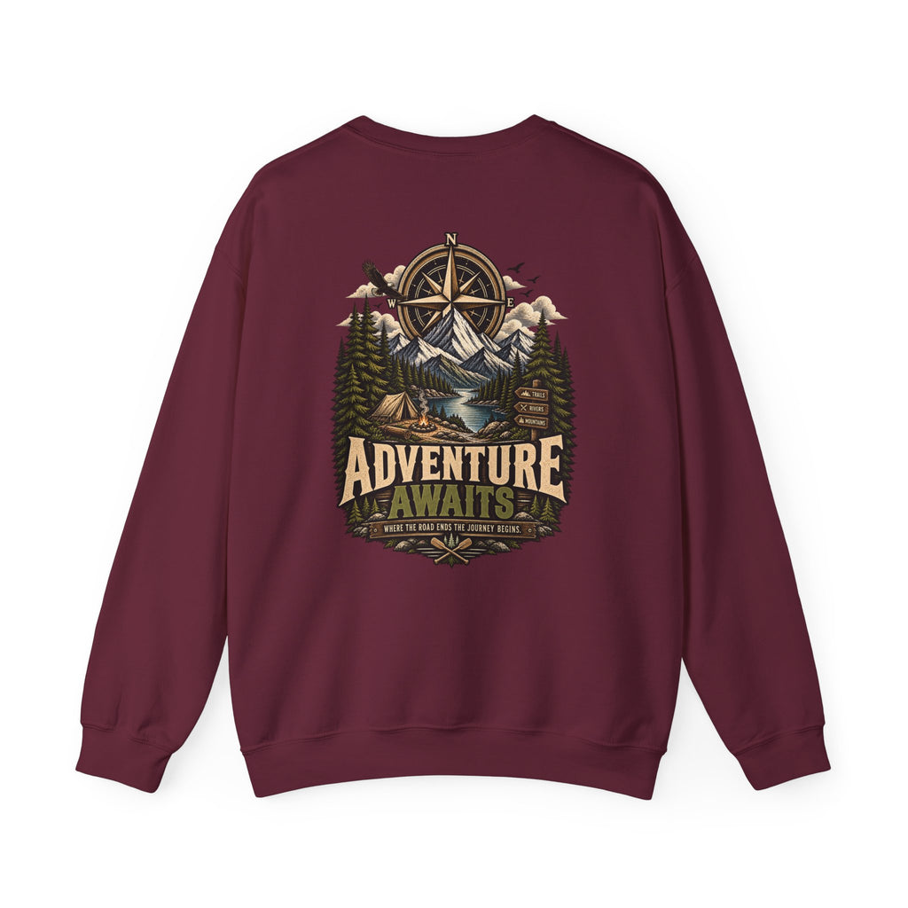 NS-004 Adventure Awaits Crewneck Sweatshirt — Northbound Supply Co. Compass Mountain Design