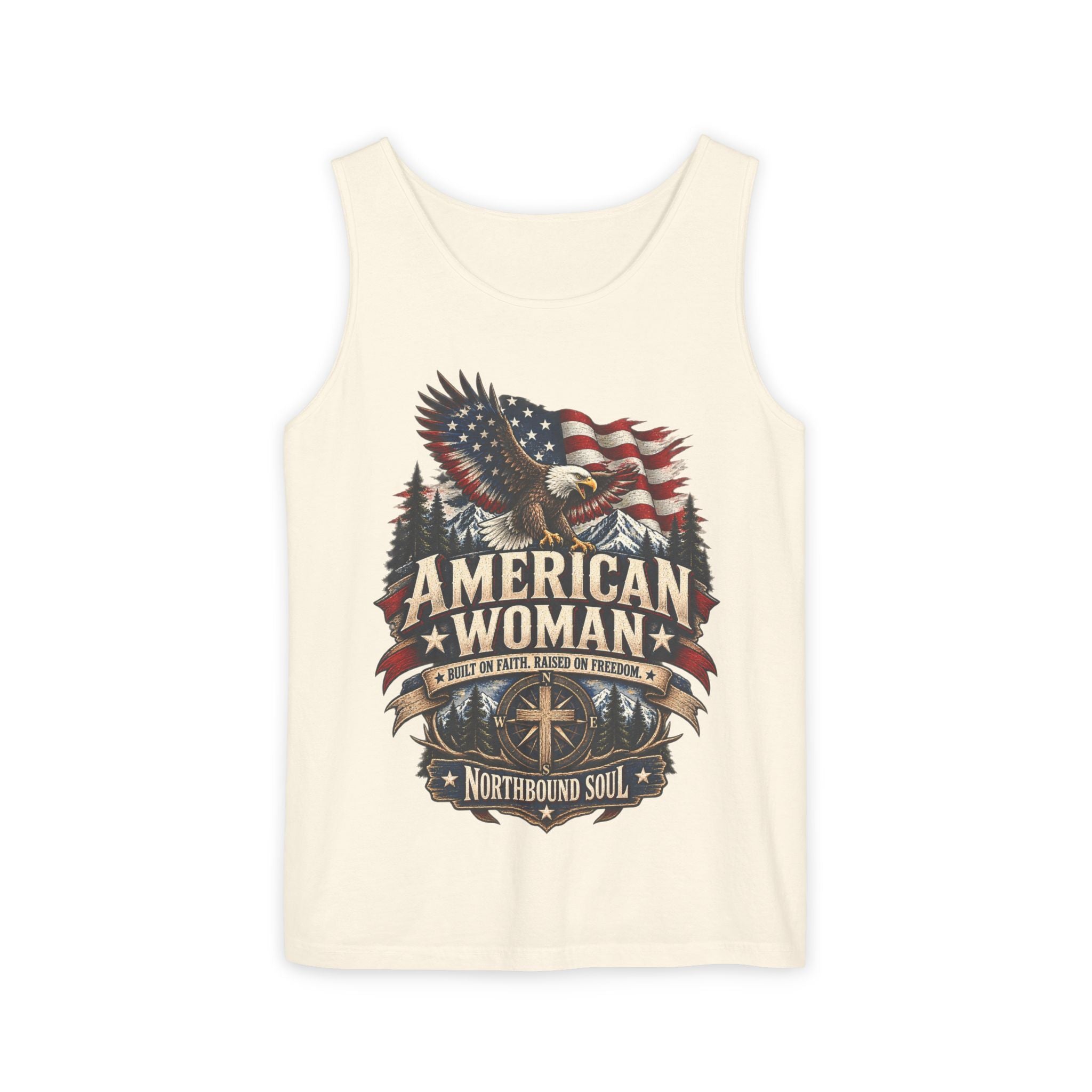 WG-006 American Woman Tank Top — Northbound Supply Co. Patriotic Eagle Flag Graphic