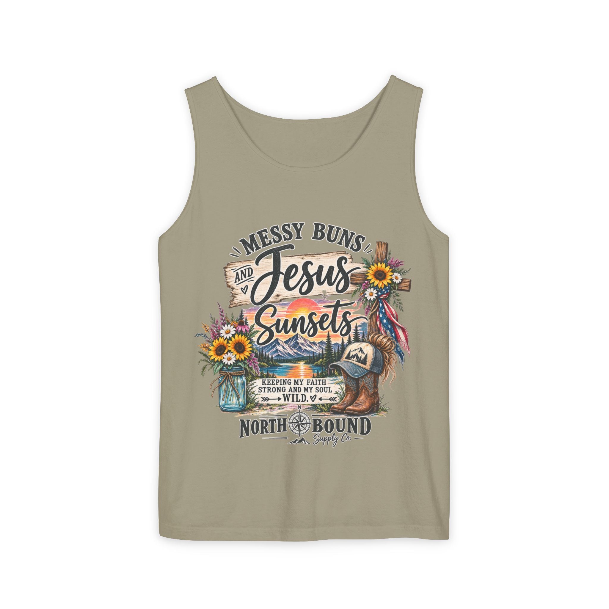 WG-003 Messy Buns, Jesus & Sunsets Tank Top —Northbound Supply Co . Christian Beachy Boho Graphic Tank