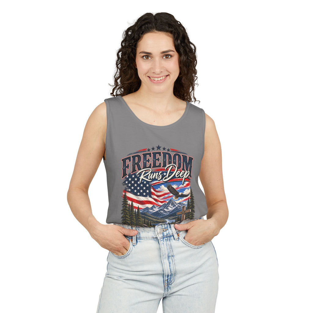 WG-007 Freedom Runs Deep Tank Top — North Supply Co. Patriotic Eagle & Mountain Graphic