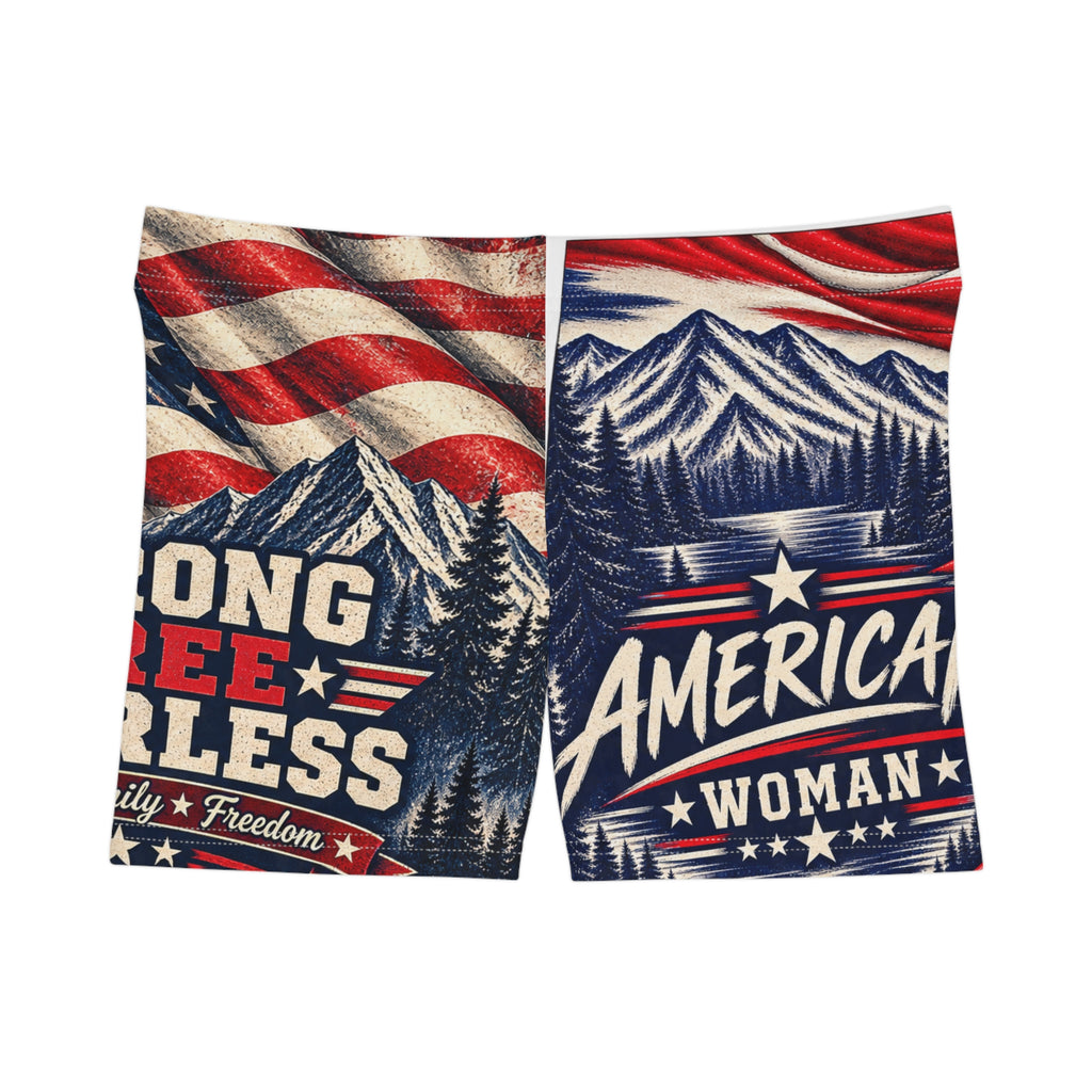 American Woman Patriotic Shorts — Northbound Supply"Strong Free Fearless" All-Over Print