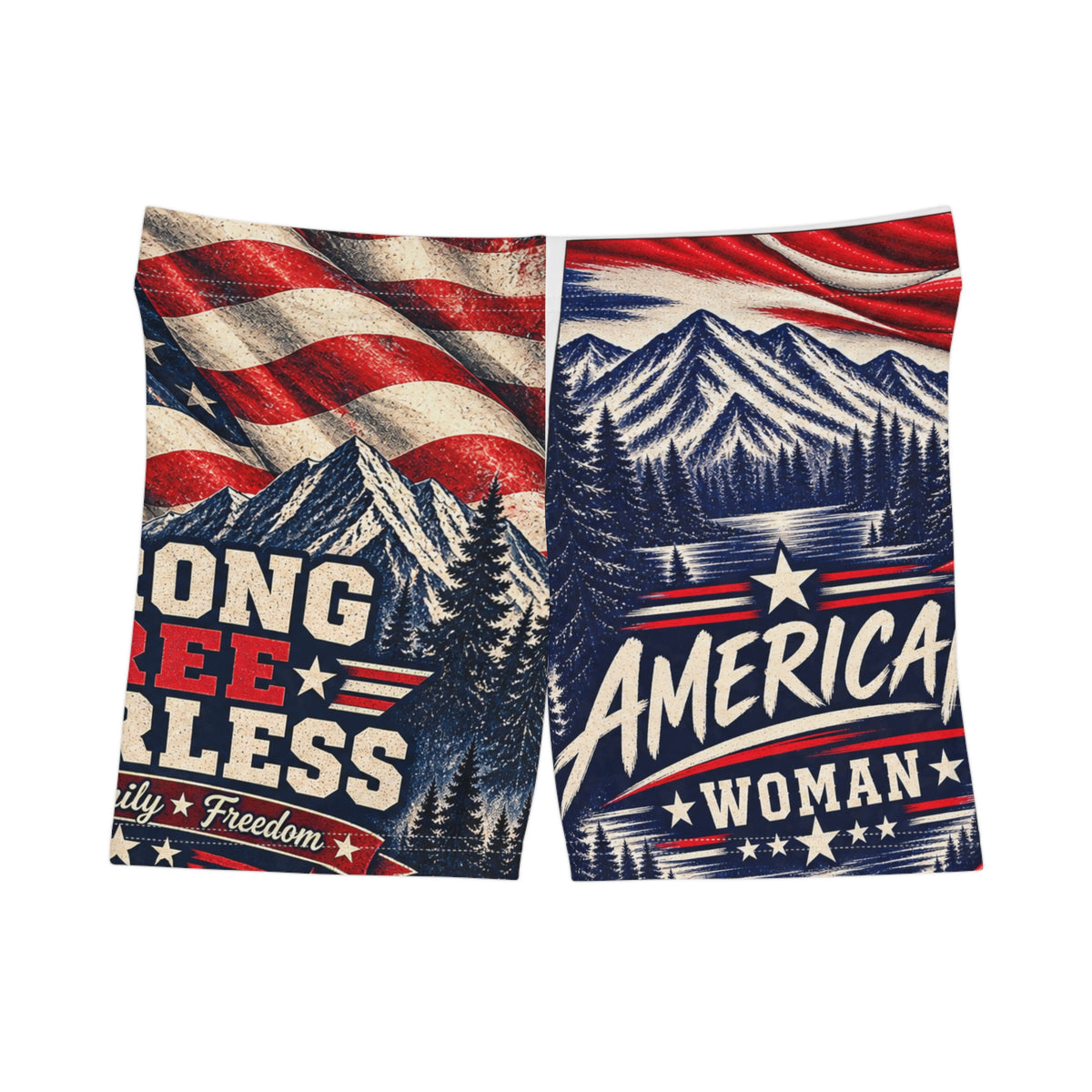 American Woman Patriotic Shorts — Northbound Supply"Strong Free Fearless" All-Over Print