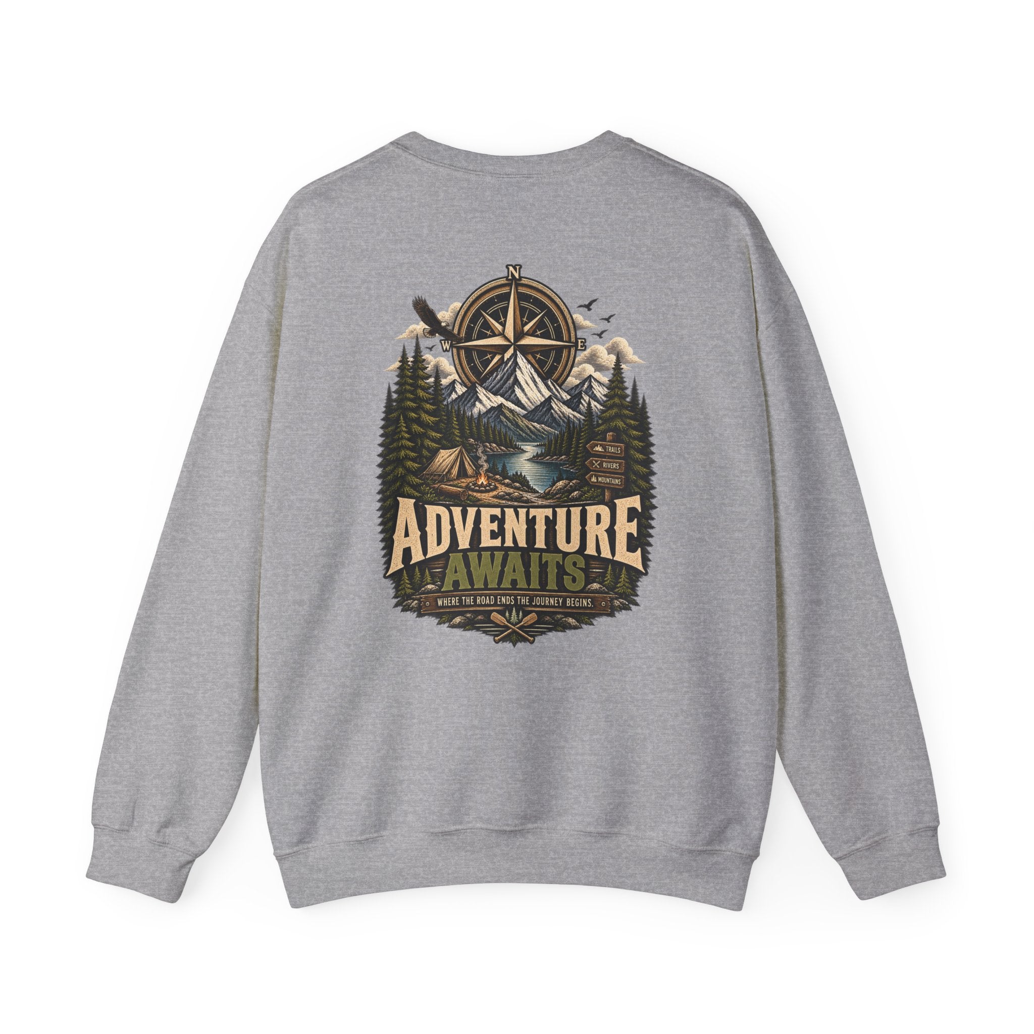 NS-004 Adventure Awaits Crewneck Sweatshirt — Northbound Supply Co. Compass Mountain Design