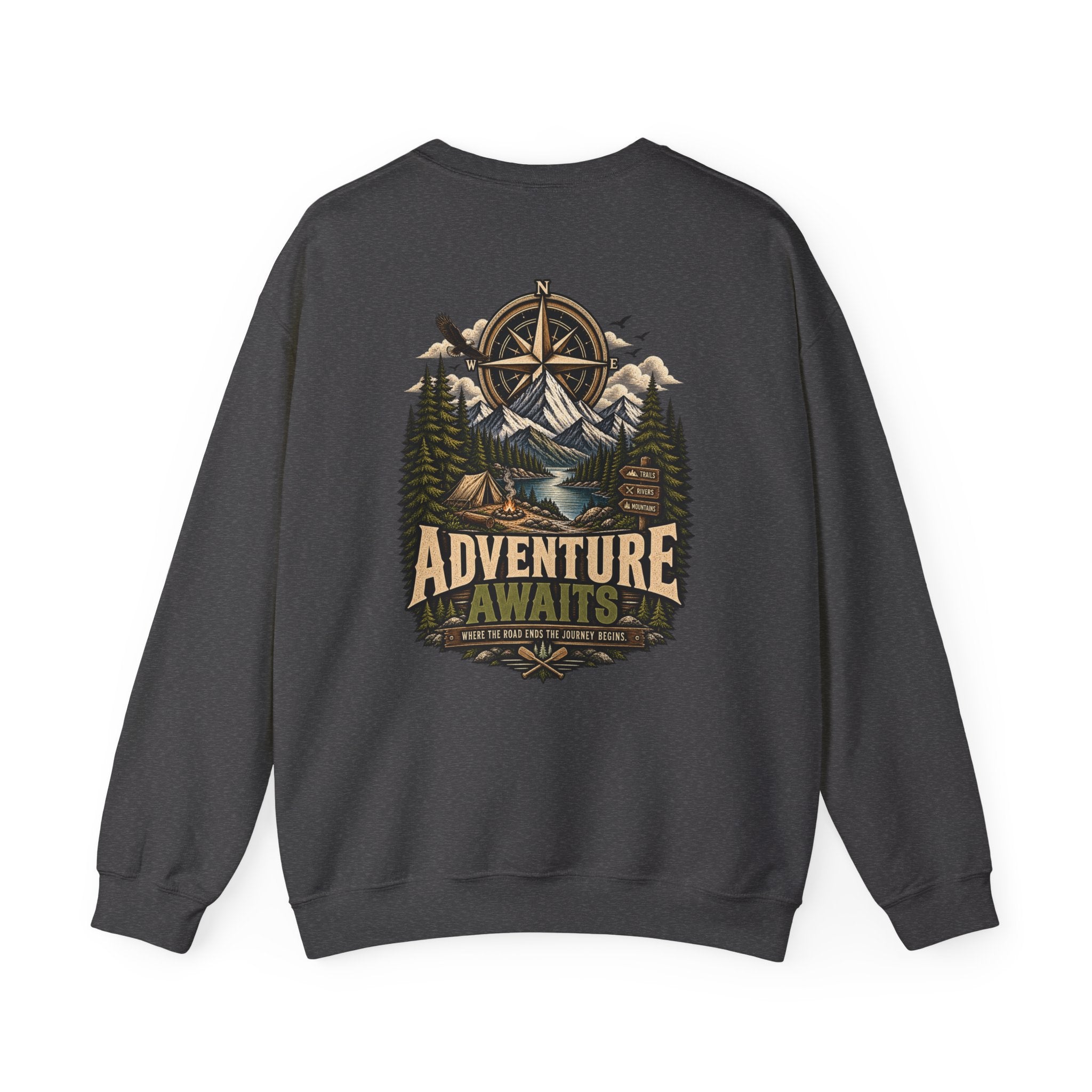 NS-004 Adventure Awaits Crewneck Sweatshirt — Northbound Supply Co. Compass Mountain Design