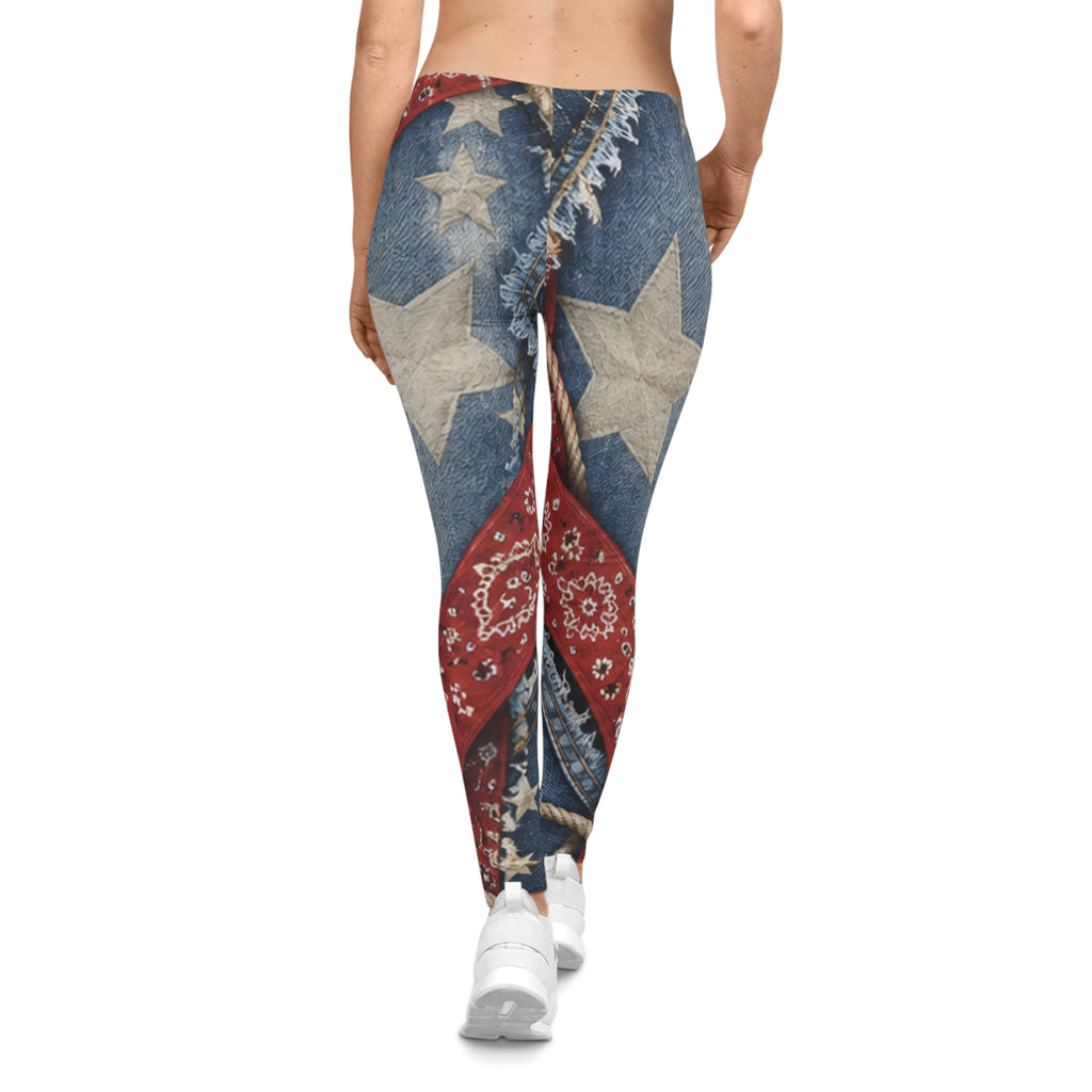 Patriotic Denim Stars Leggings — American Flag Bandana Print