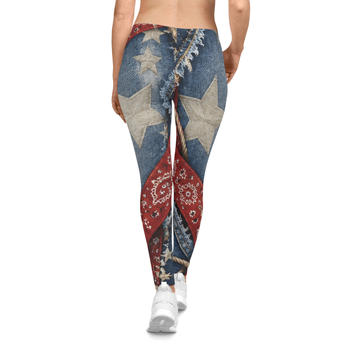 Patriotic Denim Stars Leggings — American Flag Bandana Print