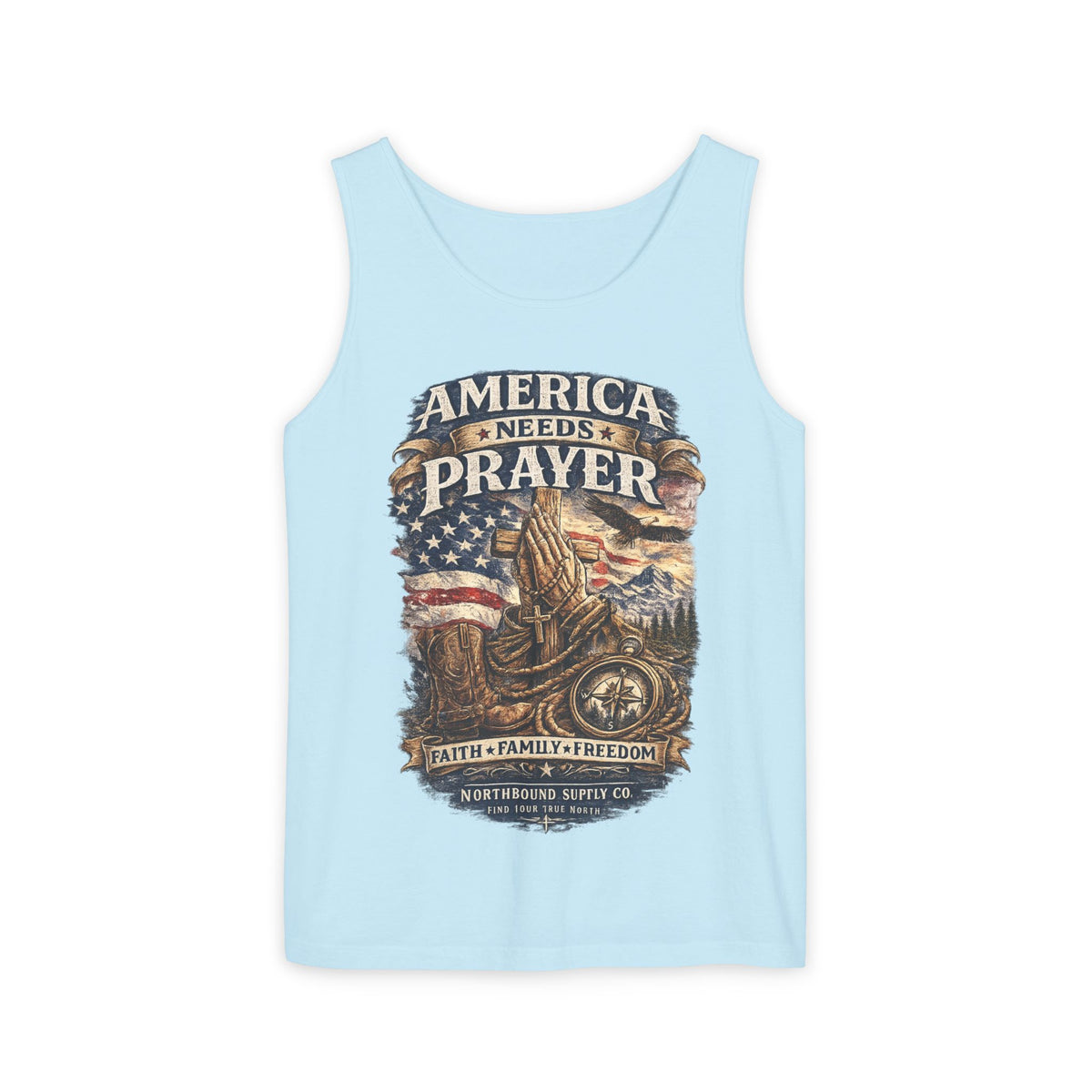 America Needs Prayer Tank Top —Northbound Supply Co. Patriotic Faith & Freedom Sleeveless Tee