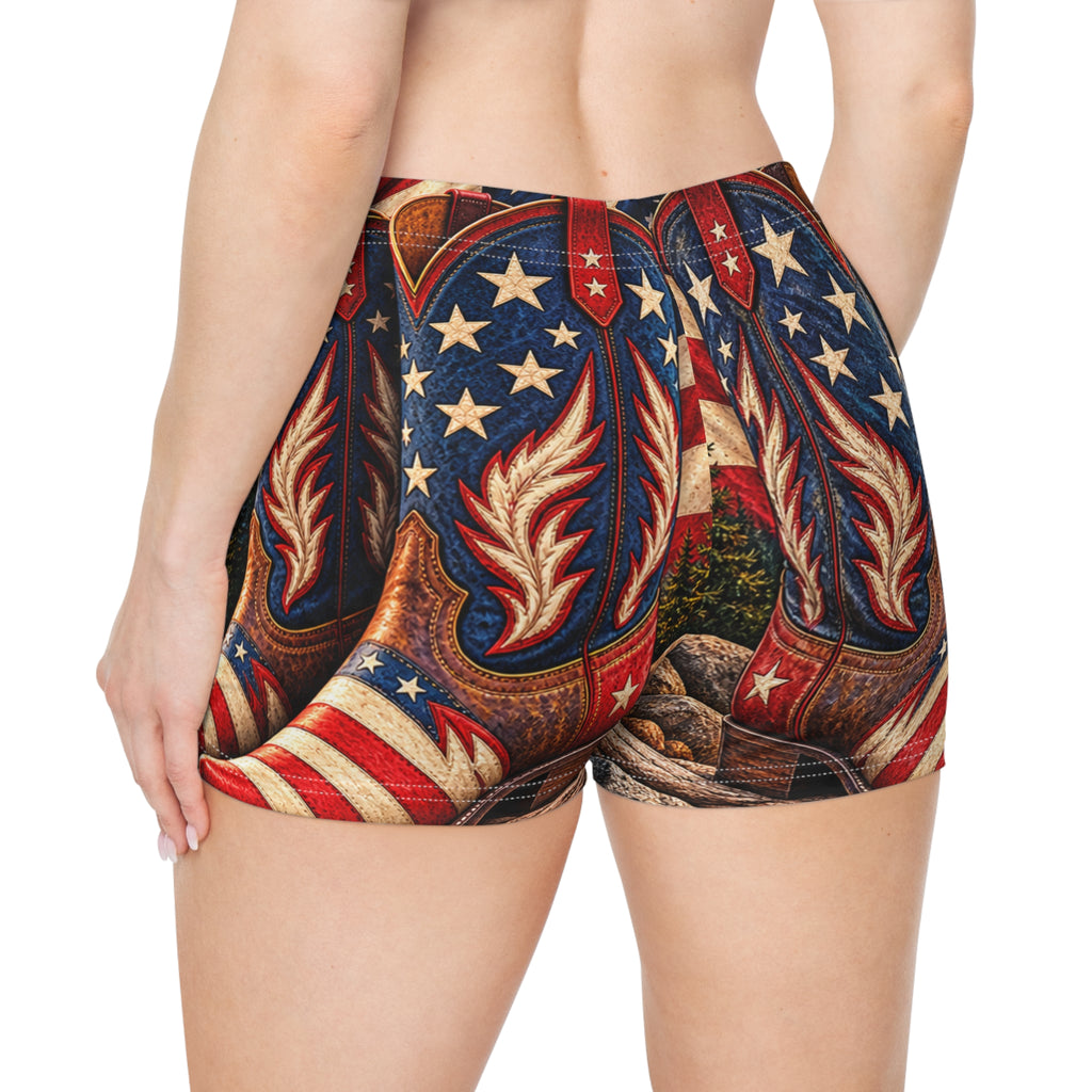 Patriotic Mountain Sunset Women's Shorts — Northbound Supply American Flag Cowboy Boots All-Over Print