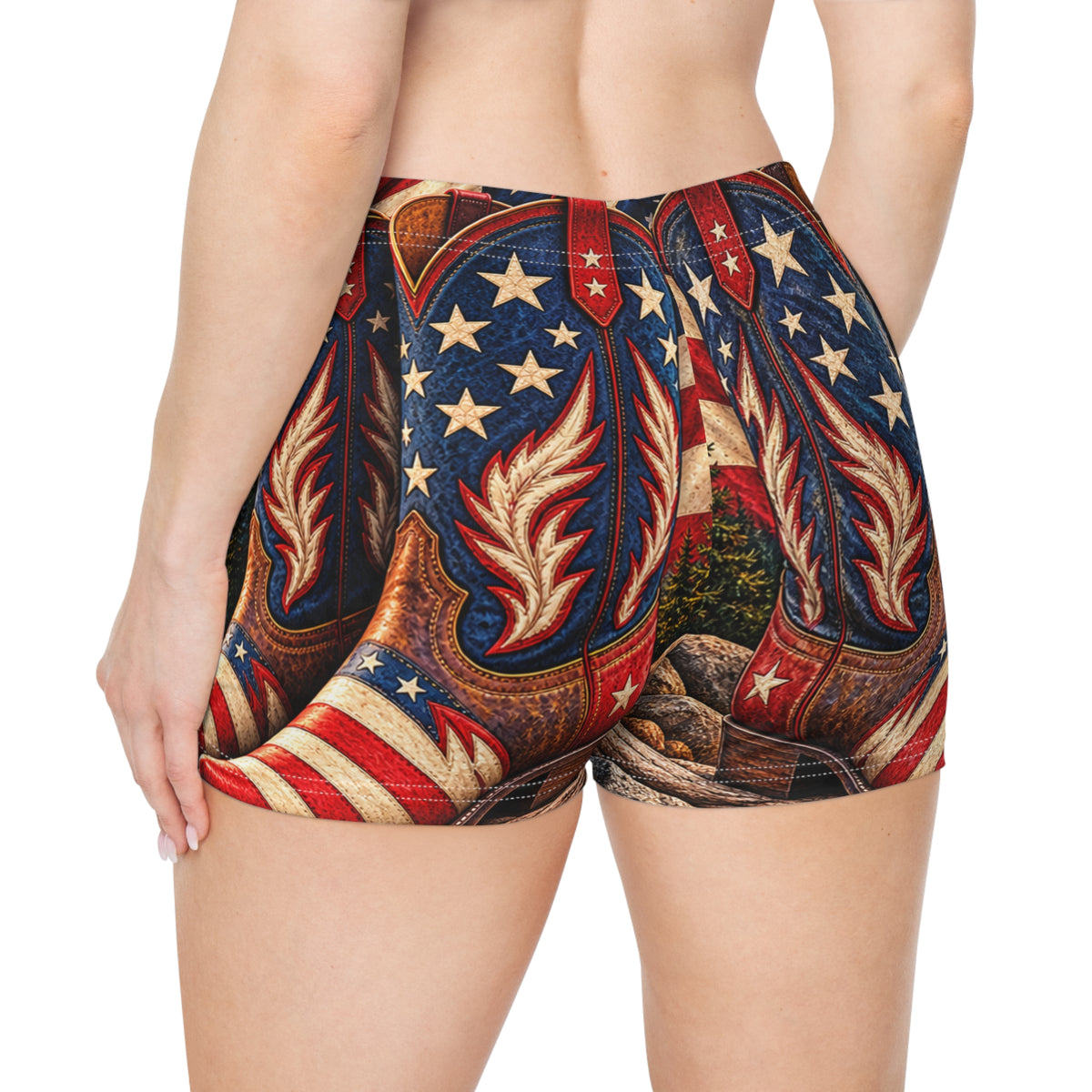 Patriotic Mountain Sunset Women's Shorts — Northbound Supply American Flag Cowboy Boots All-Over Print