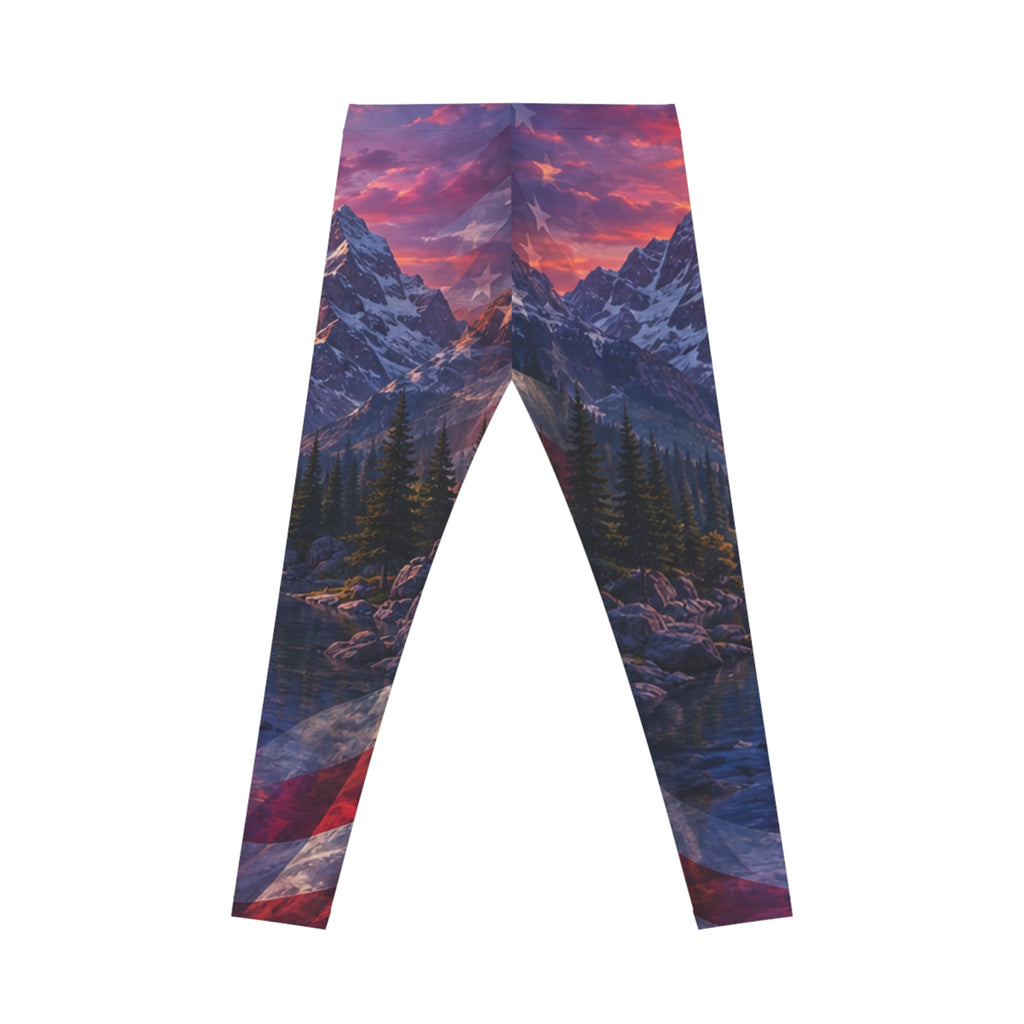 Patriotic Mountain Sunset Women's Leggings — Patriotic USA Stars & Stripes All-Over Print