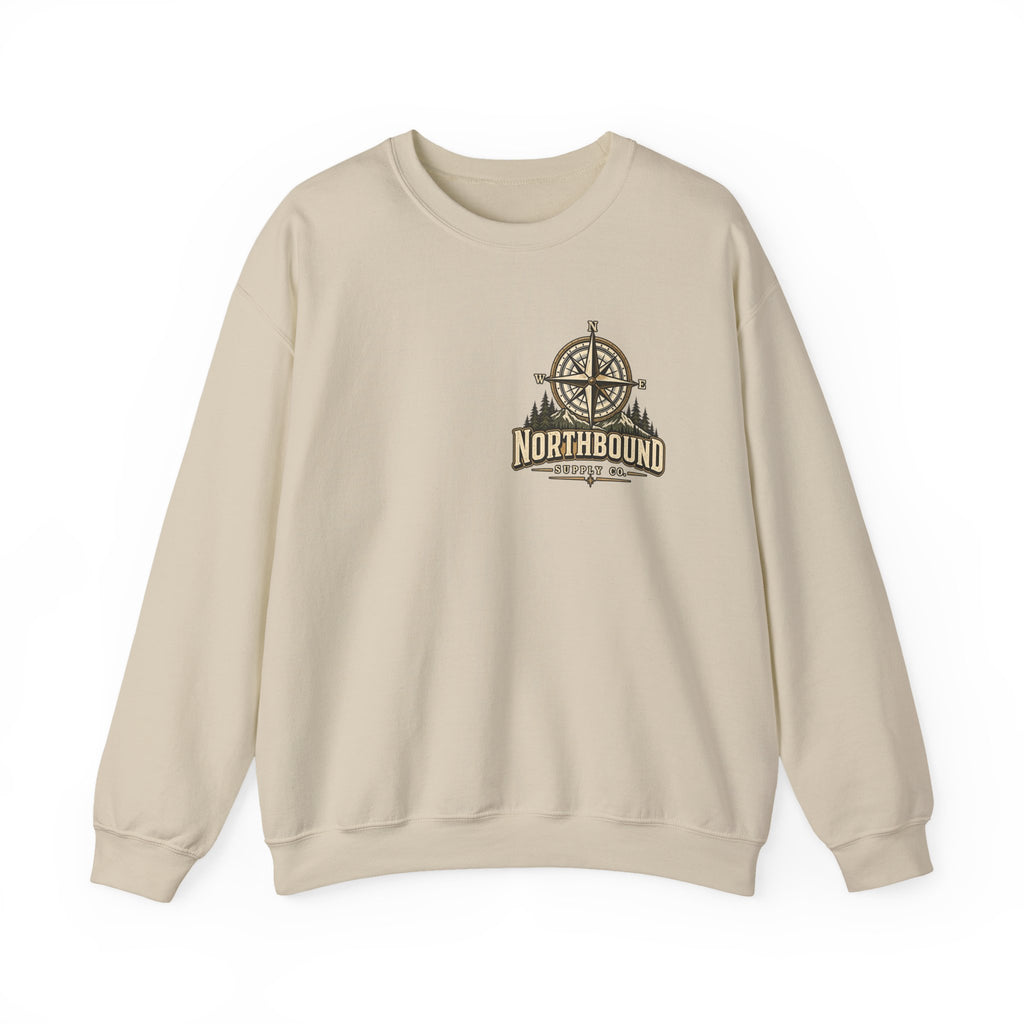 NS-004 Adventure Awaits Crewneck Sweatshirt — Northbound Supply Co. Compass Mountain Design