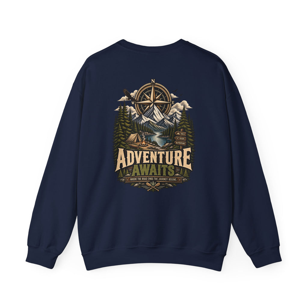 NS-004 Adventure Awaits Crewneck Sweatshirt — Northbound Supply Co. Compass Mountain Design