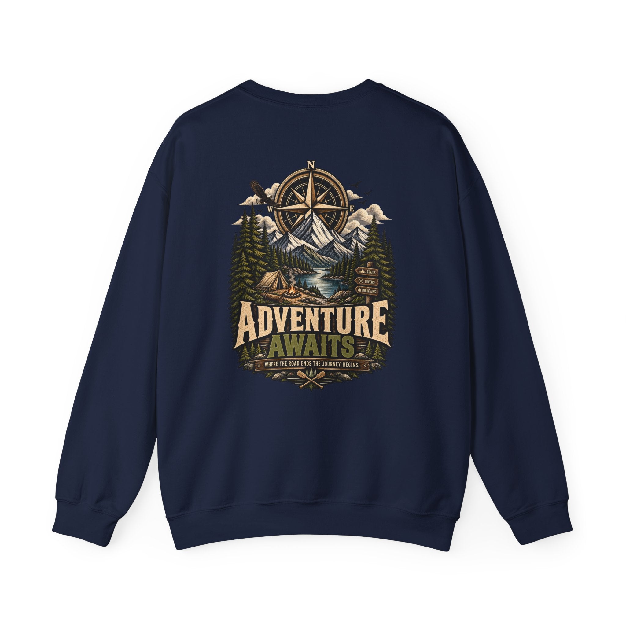 NS-004 Adventure Awaits Crewneck Sweatshirt — Northbound Supply Co. Compass Mountain Design