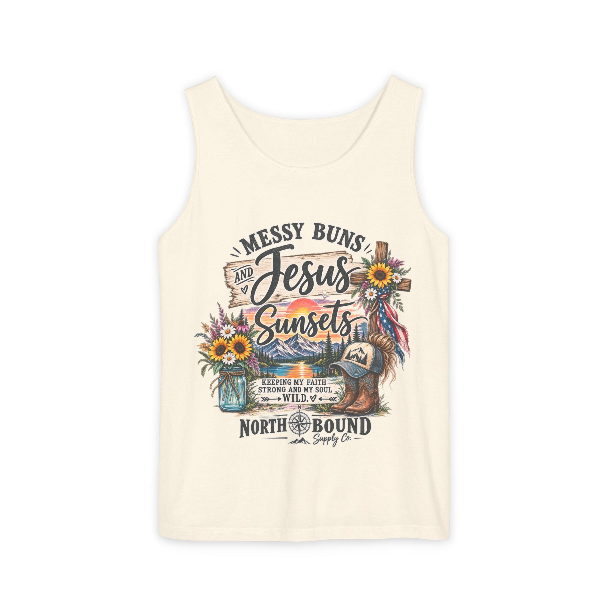 WG-003 Messy Buns, Jesus & Sunsets Tank Top —Northbound Supply Co . Christian Beachy Boho Graphic Tank