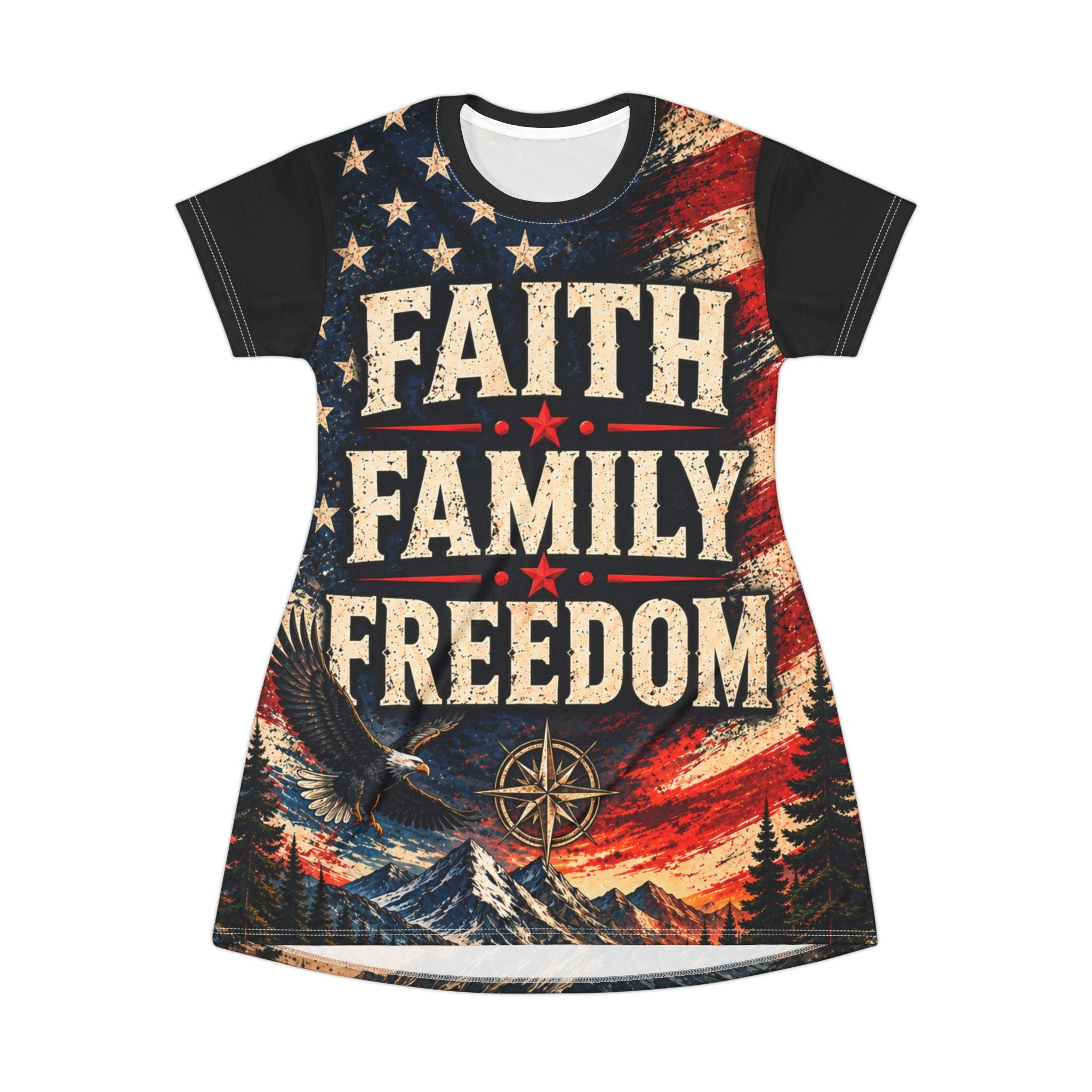 Faith Family Freedom Graphic T-Shirt Dress — Patriotic Christian AOP Dress